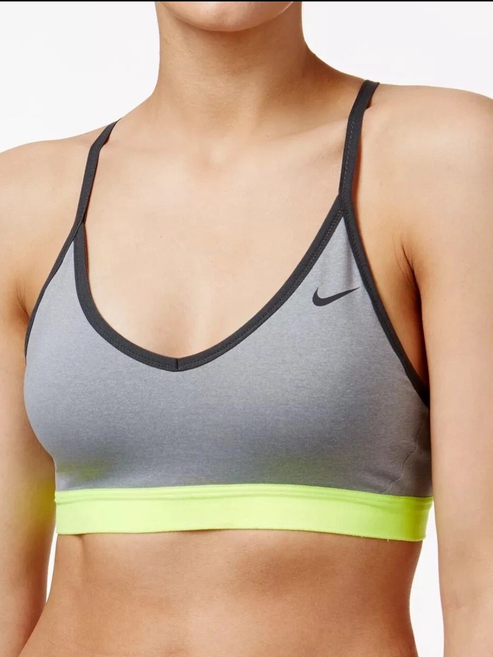 Nike Pro Indy Dri-FIT Gray Neon Yellow Mesh Sports Bra Size Large